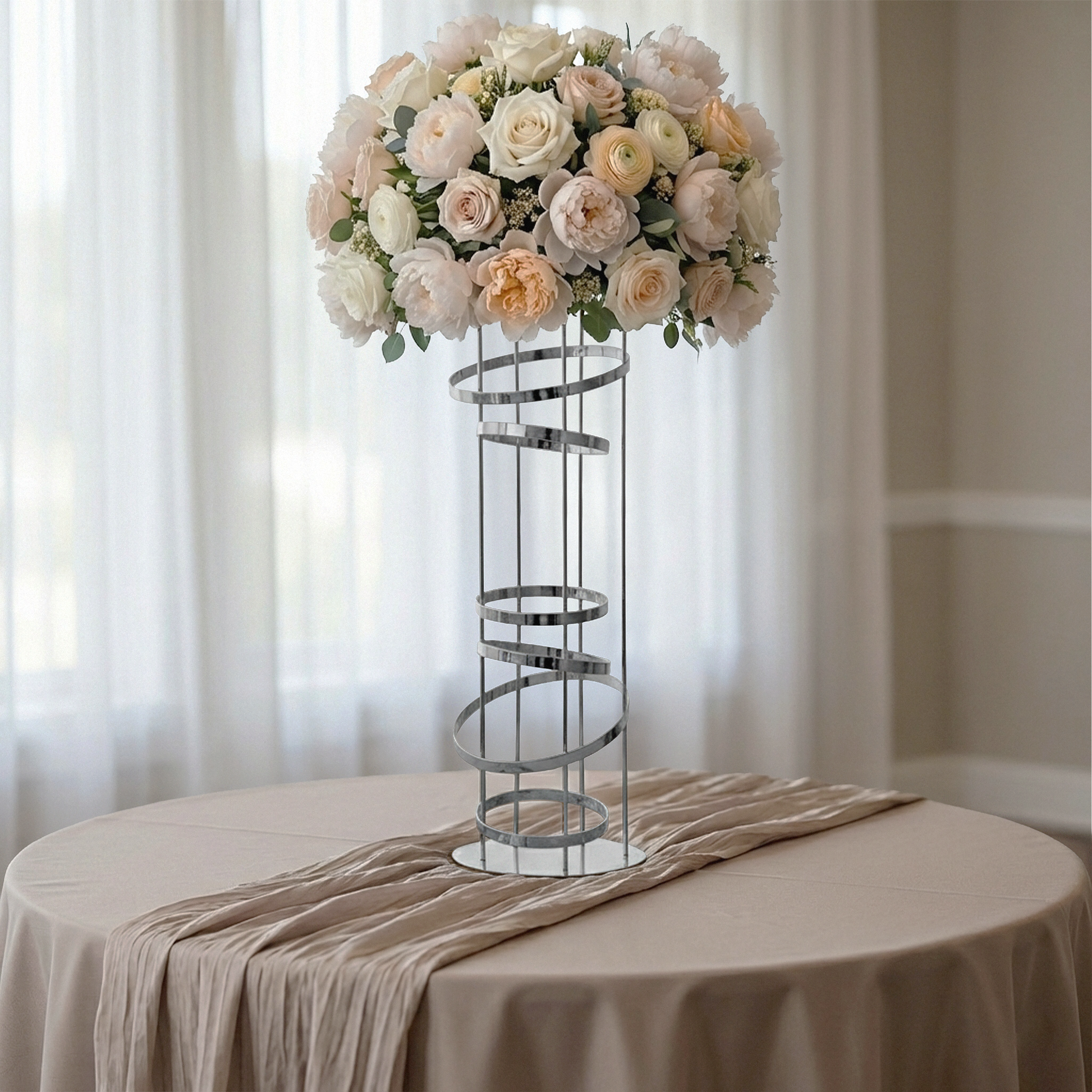 2pcs/set Modern SIlver Spiral Table Centerpiece with faux florals and chiffon table runner