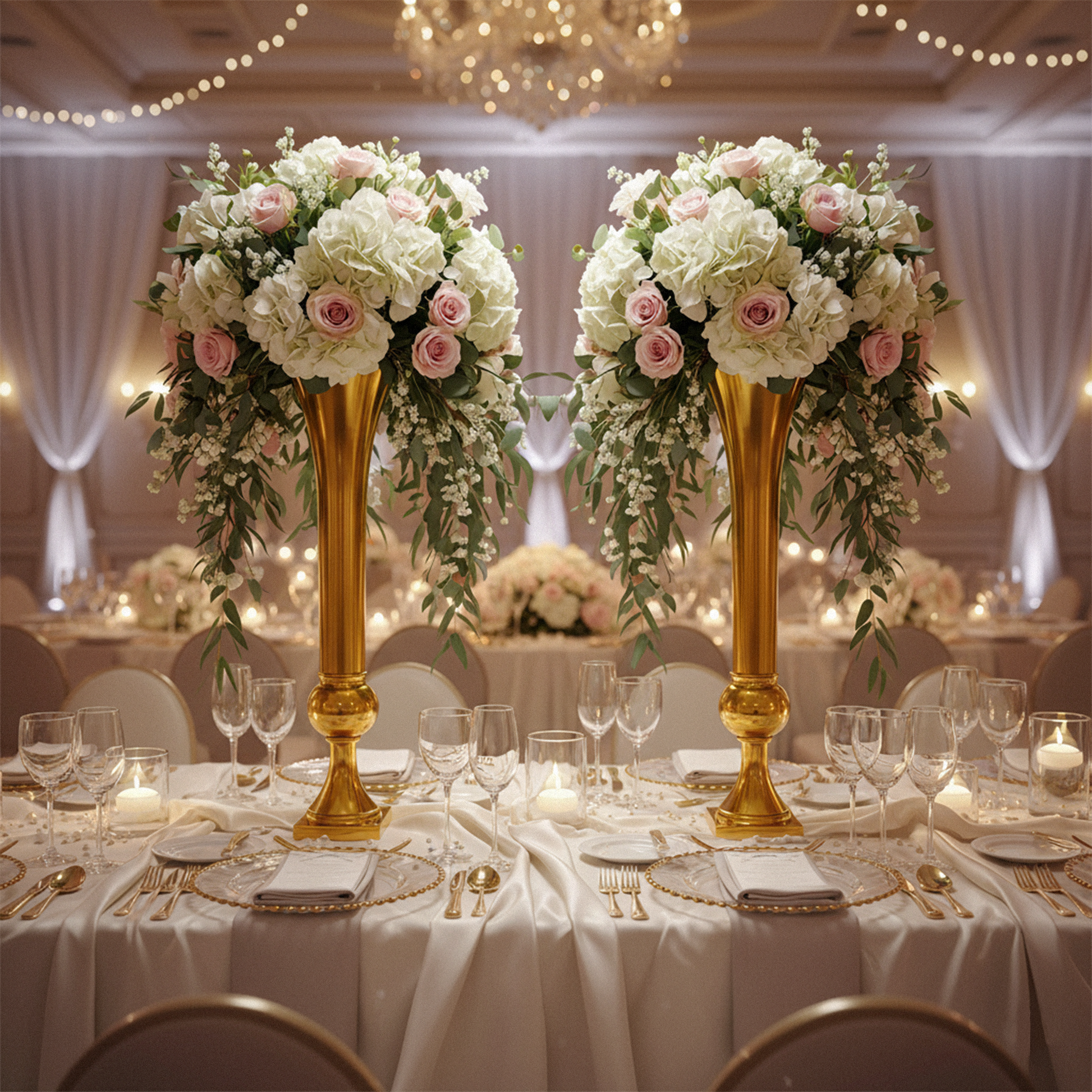 Set of 2 Metal Trumpet Centerpiece Vases Gold table setting with charger plates, wine goblets and florals