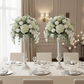 Set of 2 Metal Trumpet Centerpiece Vases Silver table setting with silver charger plates, wine goblets and white florals