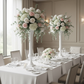 Set of 2 Metal Trumpet Centerpiece Vases White with clear goblets, white napkins and white and pink florals
