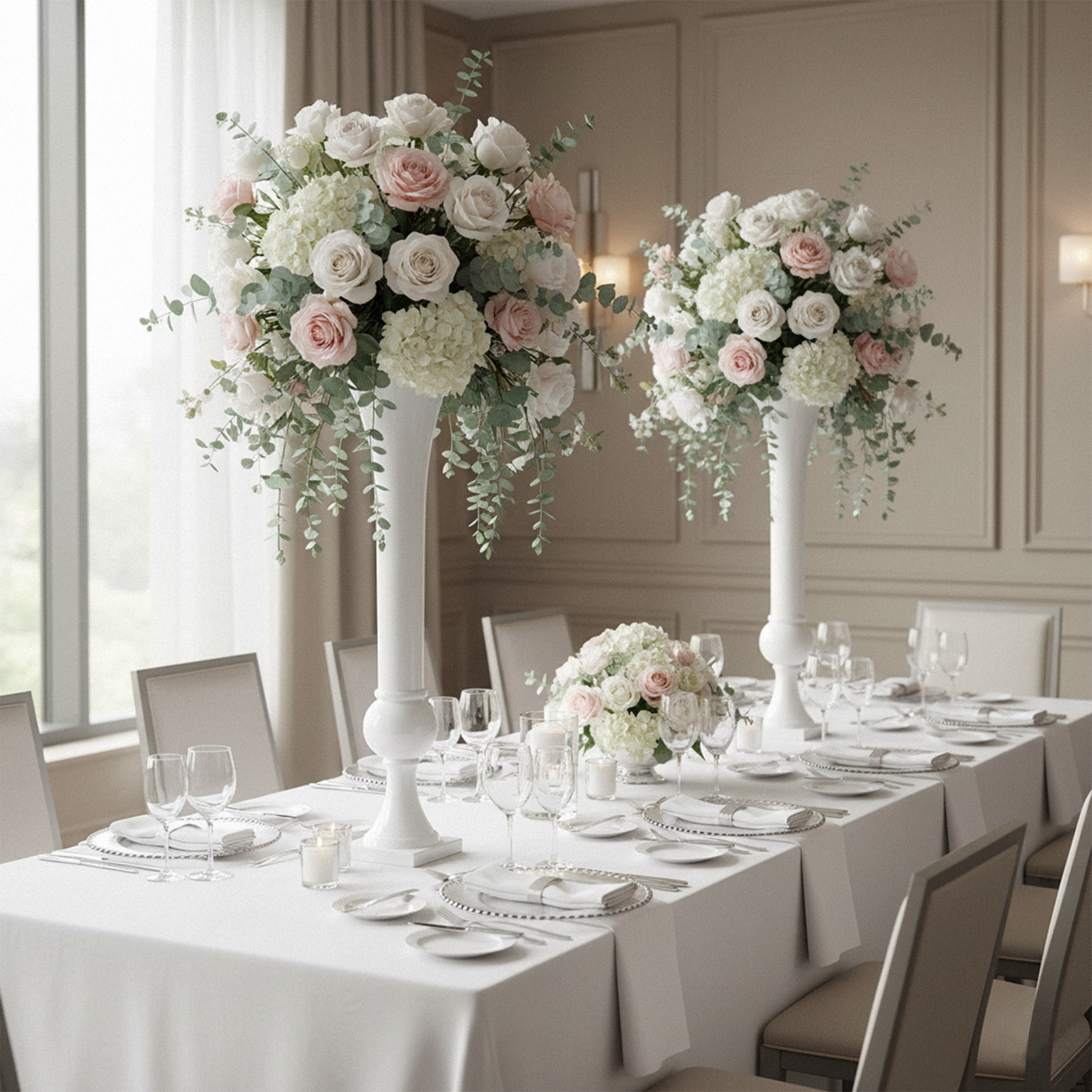 Set of 2 Metal Trumpet Centerpiece Vases White with clear goblets, white napkins and white and pink florals