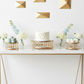 3 pc/set Round Crystal Pendant Cake/Dessert Stands - Gold on top of plain white table with flower centerpiece