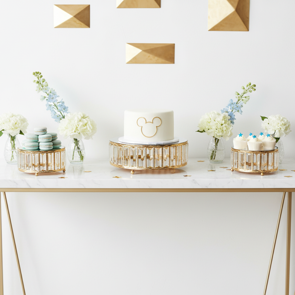 3 pc/set Round Crystal Pendant Cake/Dessert Stands - Gold on top of plain white table with flower centerpiece