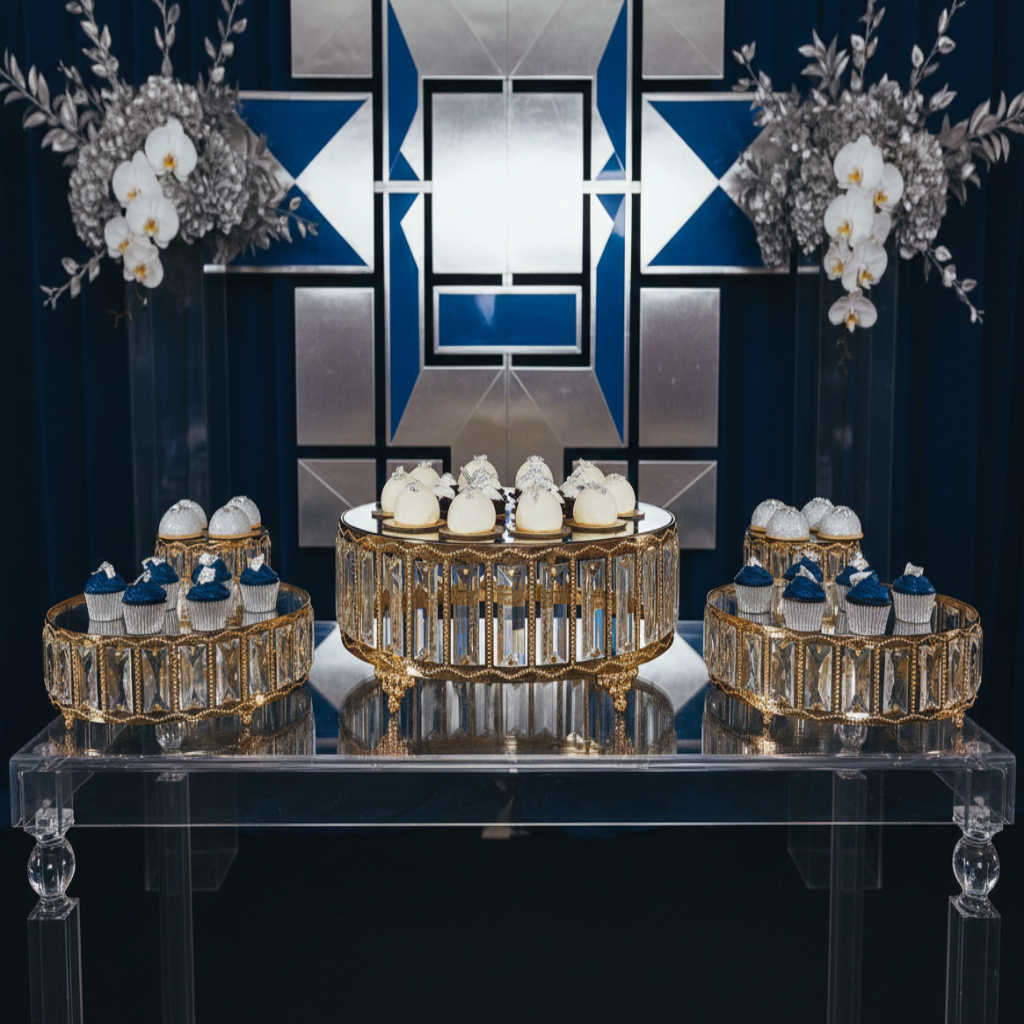 3 pc/set Round Crystal Pendant Cake/Dessert Stands - Gold on top of semi clear table