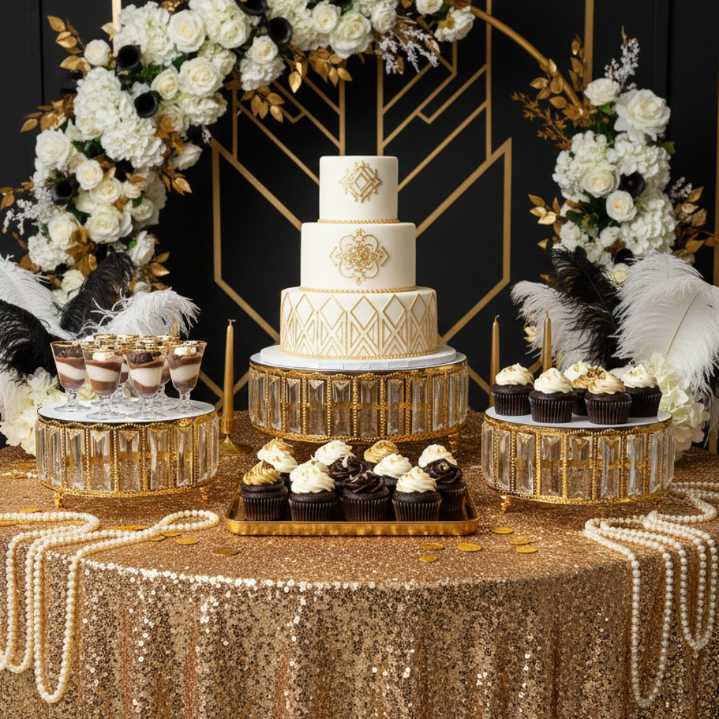 3 pc/set Round Crystal Pendant Cake/Dessert Stands - Gold on top of gold sequin round table