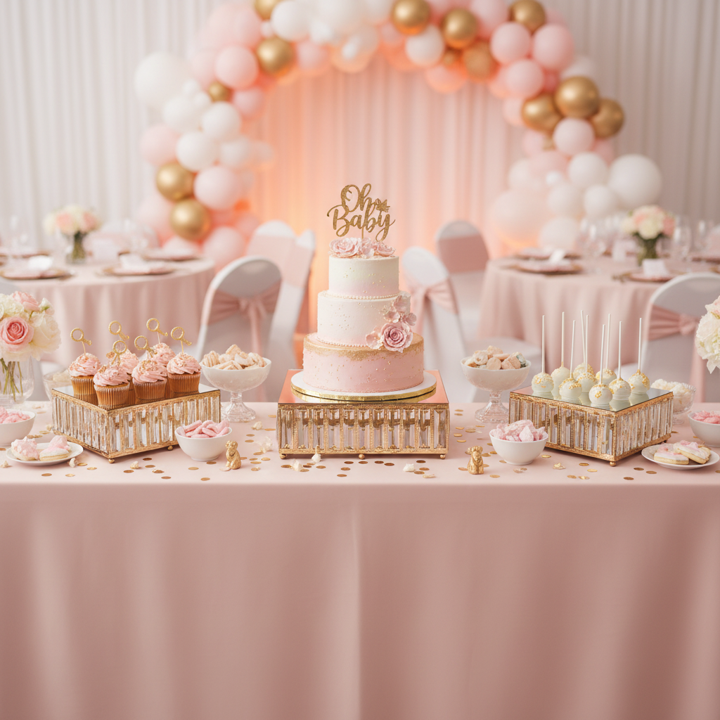 3 pc/set Square Crystal Pendant Cake/Dessert Stands - Gold on top of blush tablecloth 