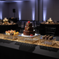 3 pc/set Square Crystal Pendant Cake/Dessert Stands - Gold on top of black table with sequin gold runner