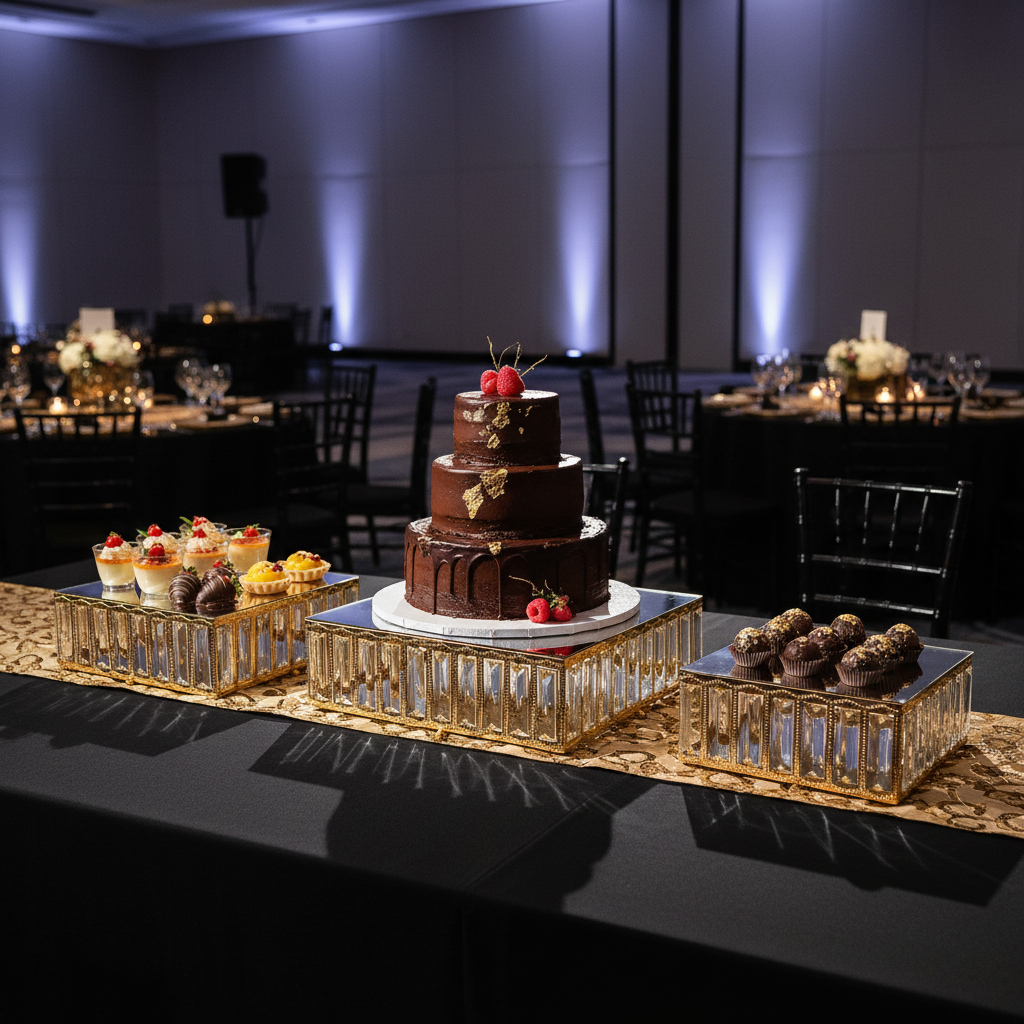 3 pc/set Square Crystal Pendant Cake/Dessert Stands - Gold on top of black table with sequin gold runner