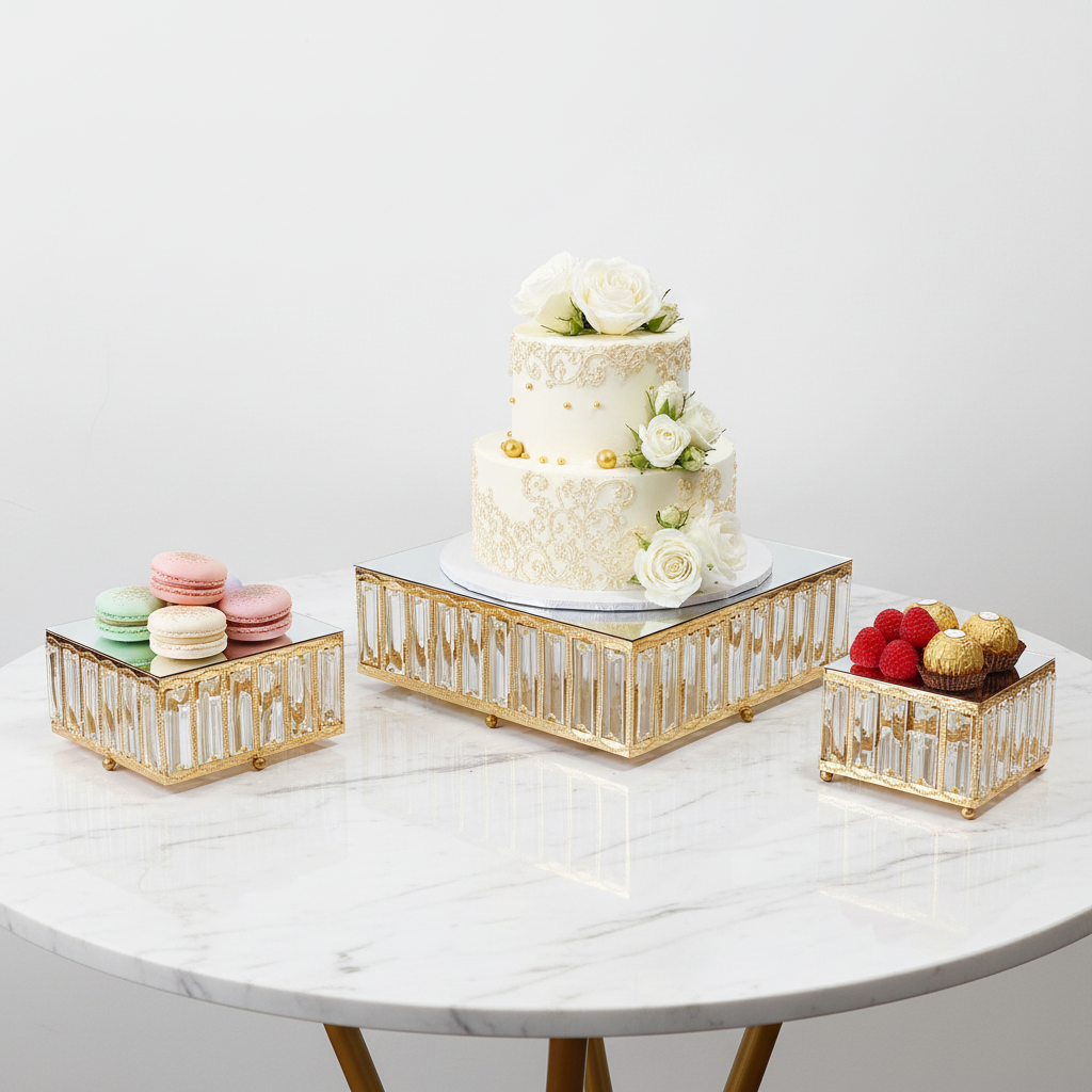 3 pc/set Square Crystal Pendant Cake/Dessert Stands - Gold on a hite marble table setup