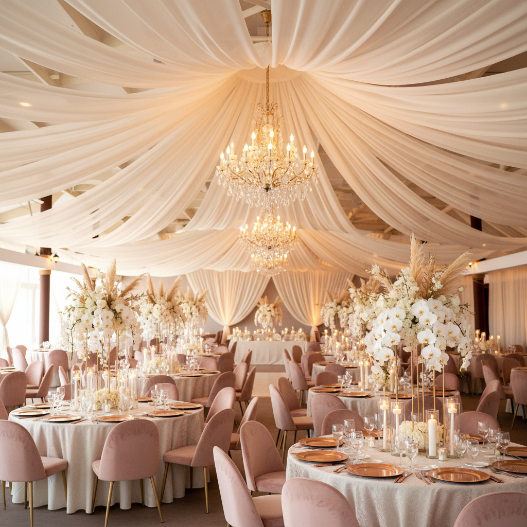 ceiling draping setup for birthday party setup with 30ft Ceiling/Curtain Draping Sheer Voile Flame Retardant (FR)  - Ivory