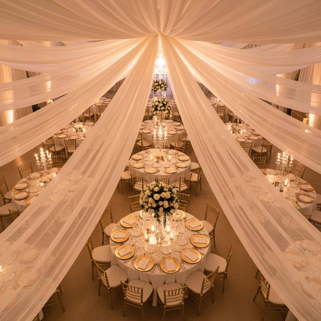 indoor top view draping setup for wedding reception with 30ft Ceiling/Curtain Draping Sheer Voile Flame Retardant (FR)  - Ivory