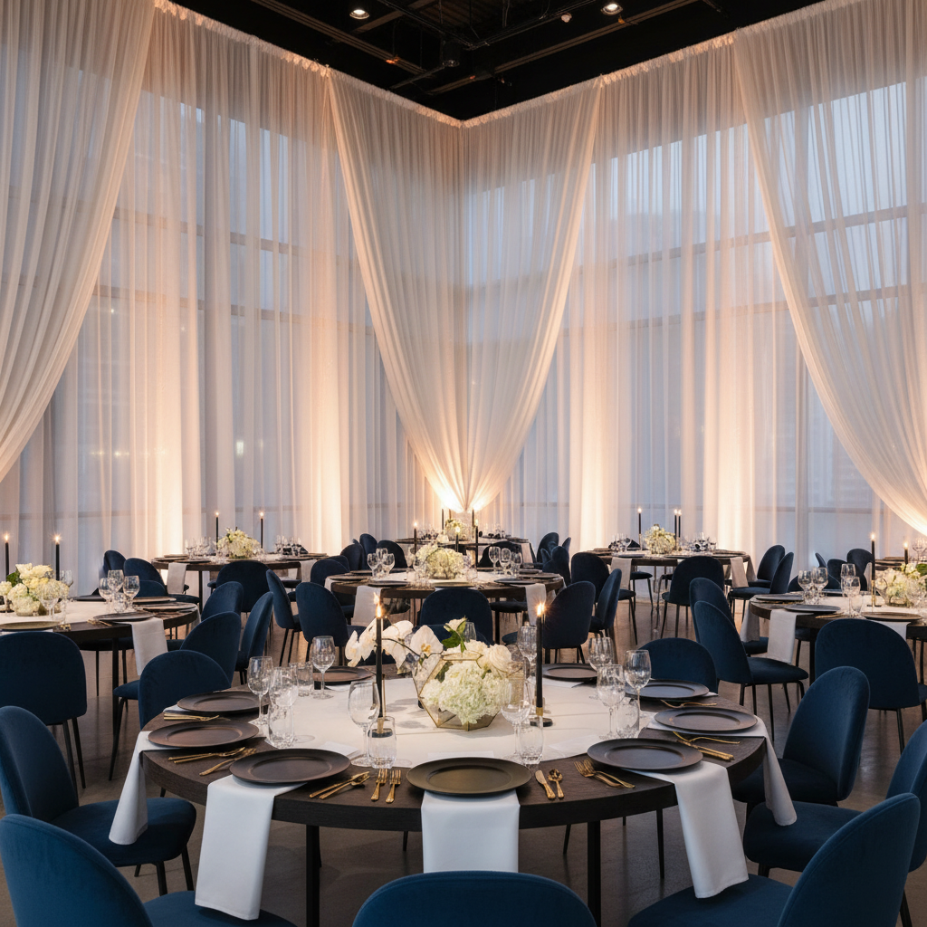 corporate dinner setup with 30ft Ceiling/Curtain Draping Sheer Voile Flame Retardant (FR)  - Ivory
