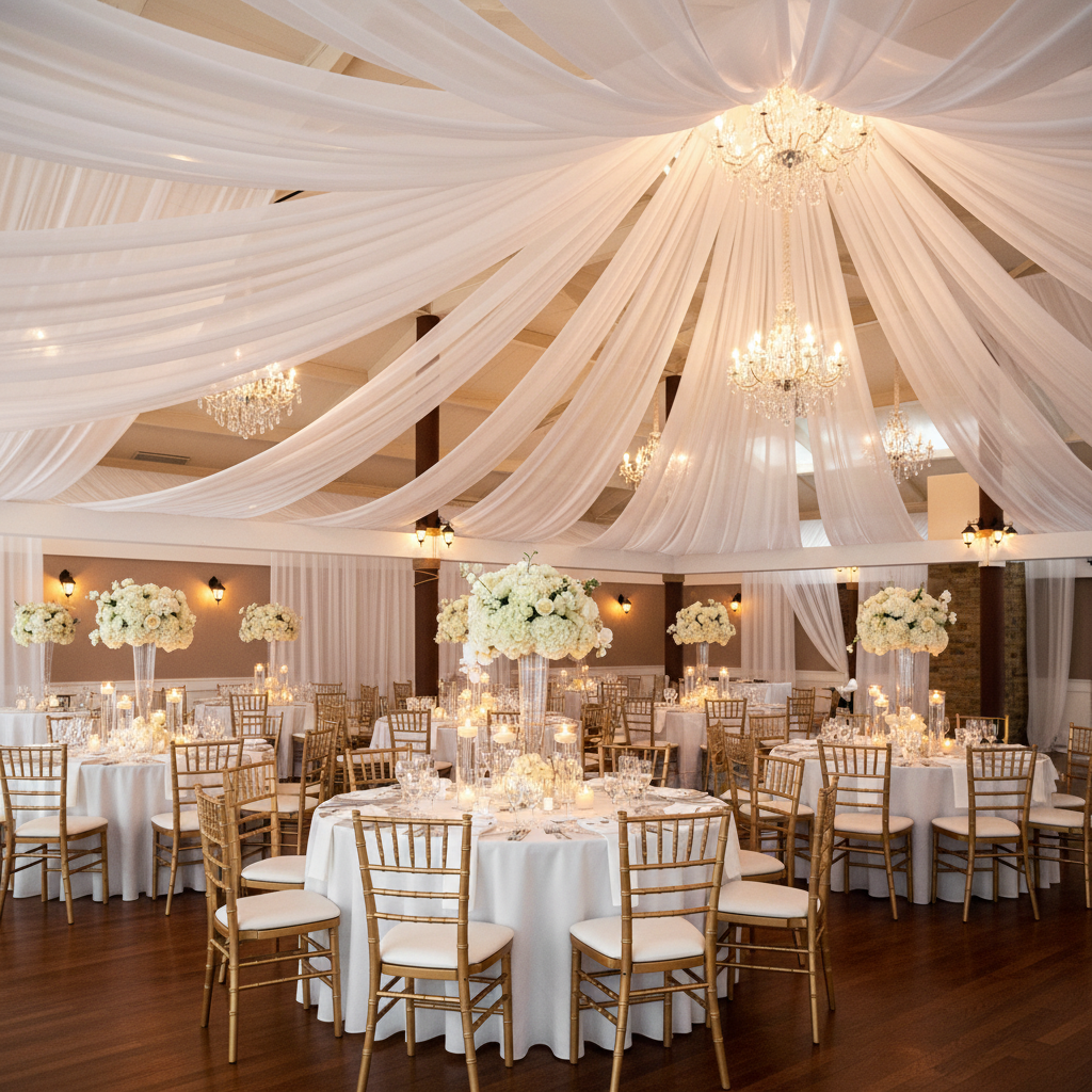 ceiling draping setup for wedding reception with 30ft Ceiling/Curtain Draping Sheer Voile Flame Retardant (FR)  - White