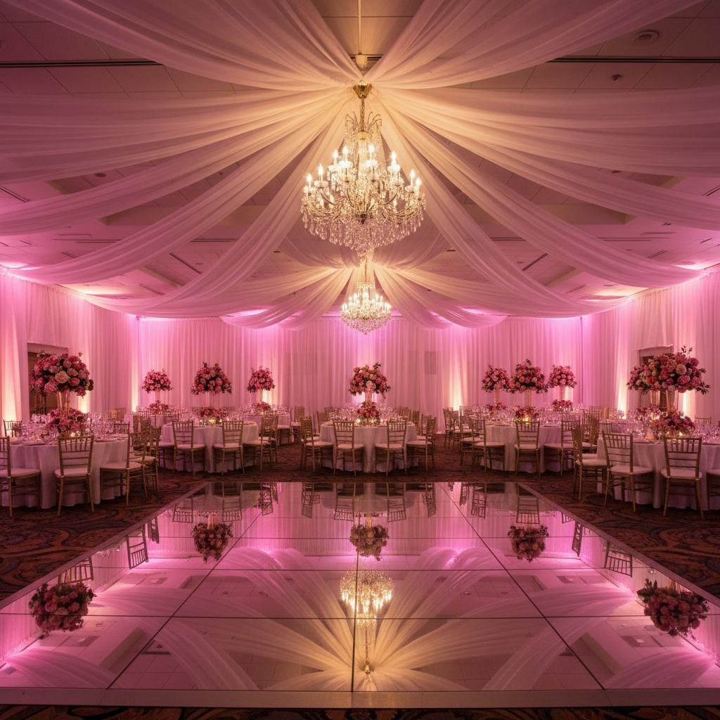 quinceañera indoor draping setup with 30ft Ceiling/Curtain Draping Sheer Voile Flame Retardant (FR)  - White