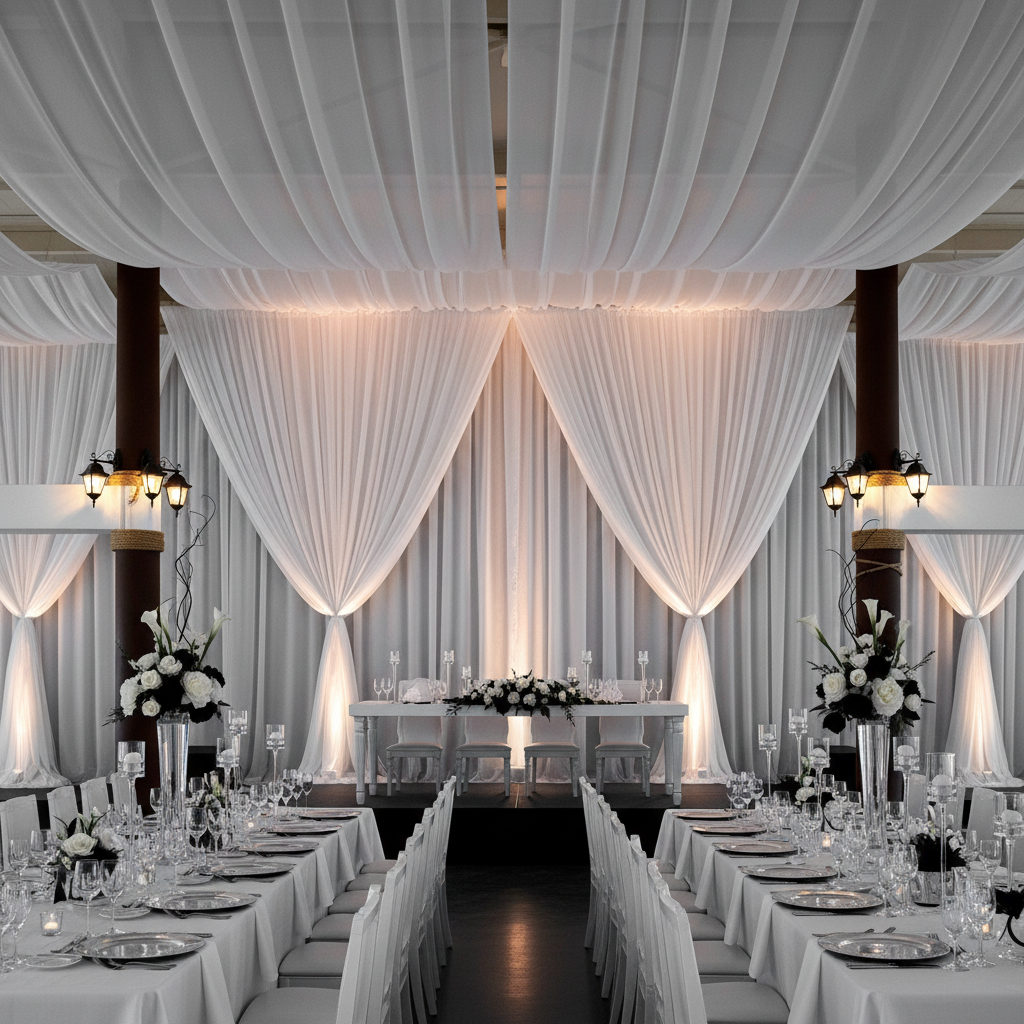 double anniversary setup with 30ft Ceiling/Curtain Draping Sheer Voile Flame Retardant (FR)  - White