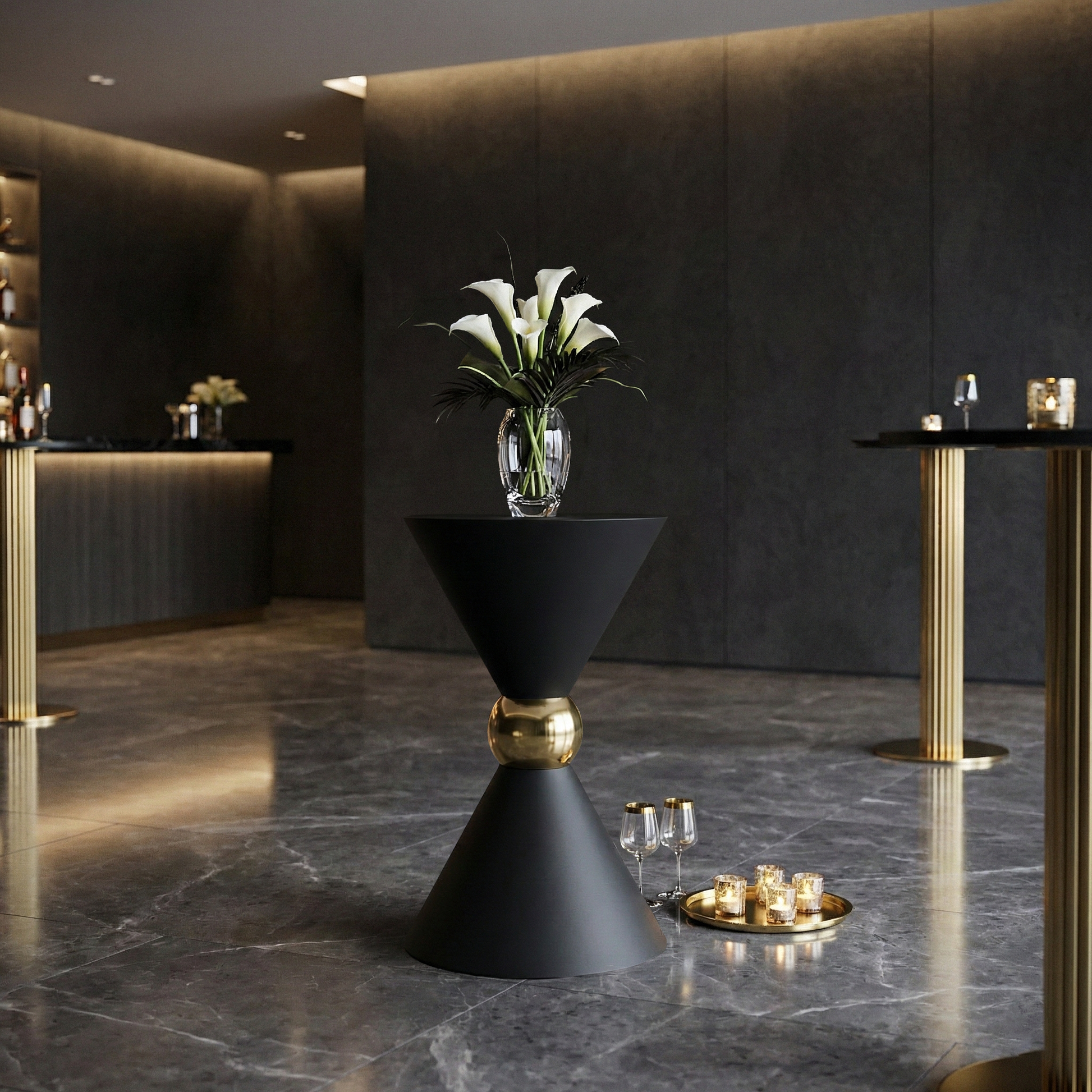 Black and Gold event using the 31" Tall Hourglass Plinth Pedestal Stand Black paired with a vase of lilies and wine goblets