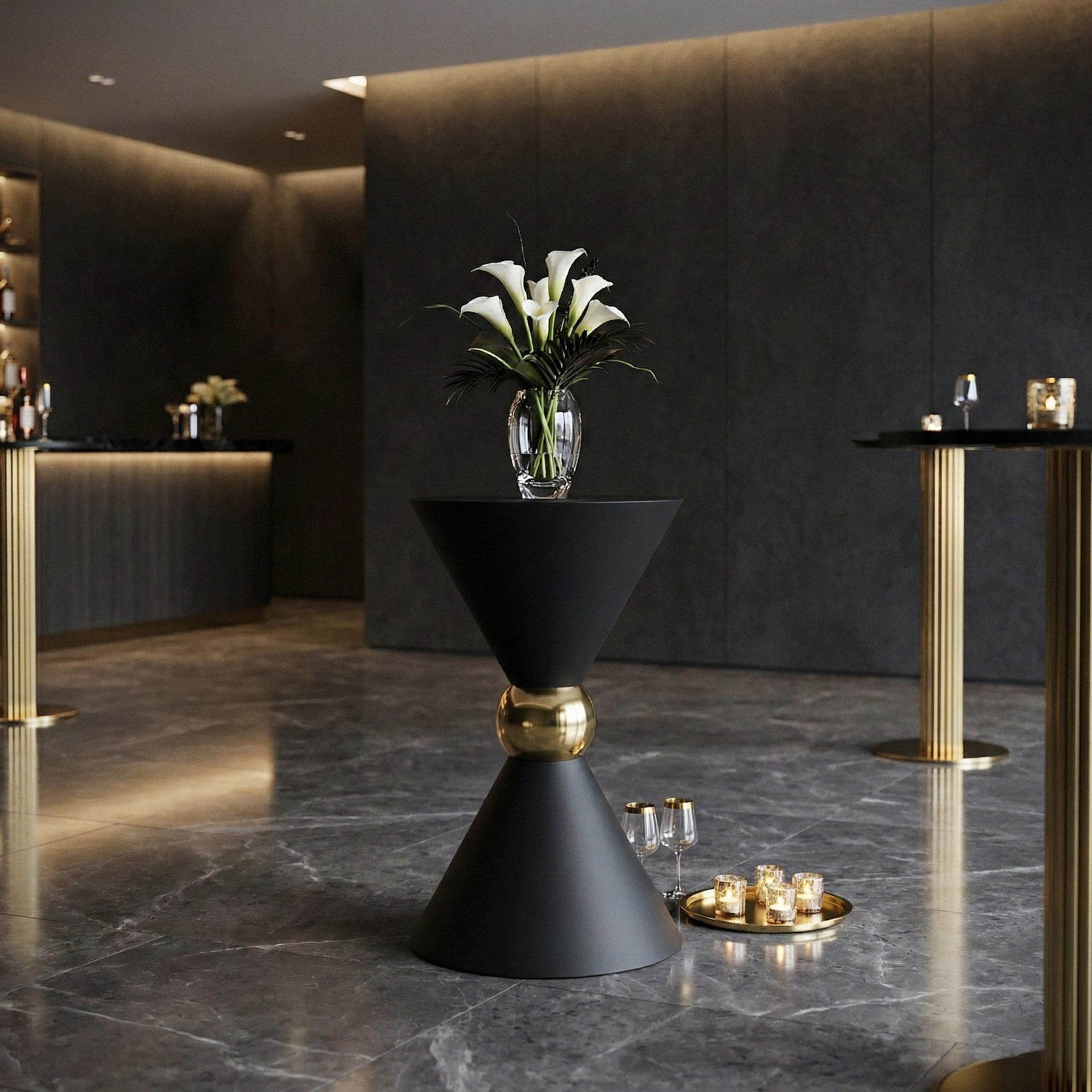 Black and Gold event using the 31" Tall Hourglass Plinth Pedestal Stand Black paired with a vase of lilies and wine goblets