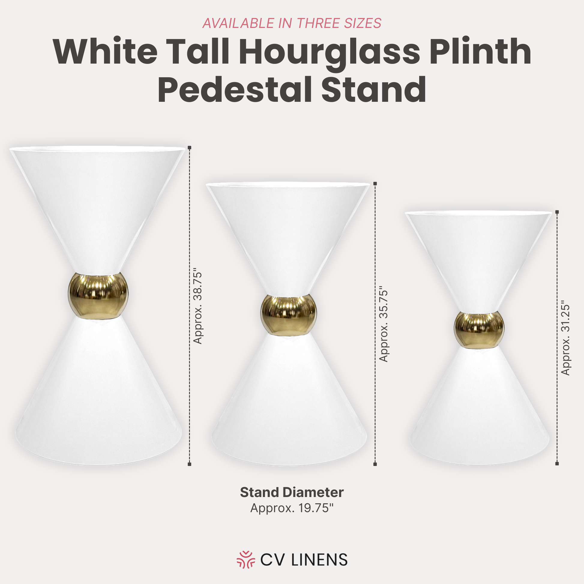 35" Tall Hourglass Plinth Pedestal Stand White infographic showing alternate sizes available
