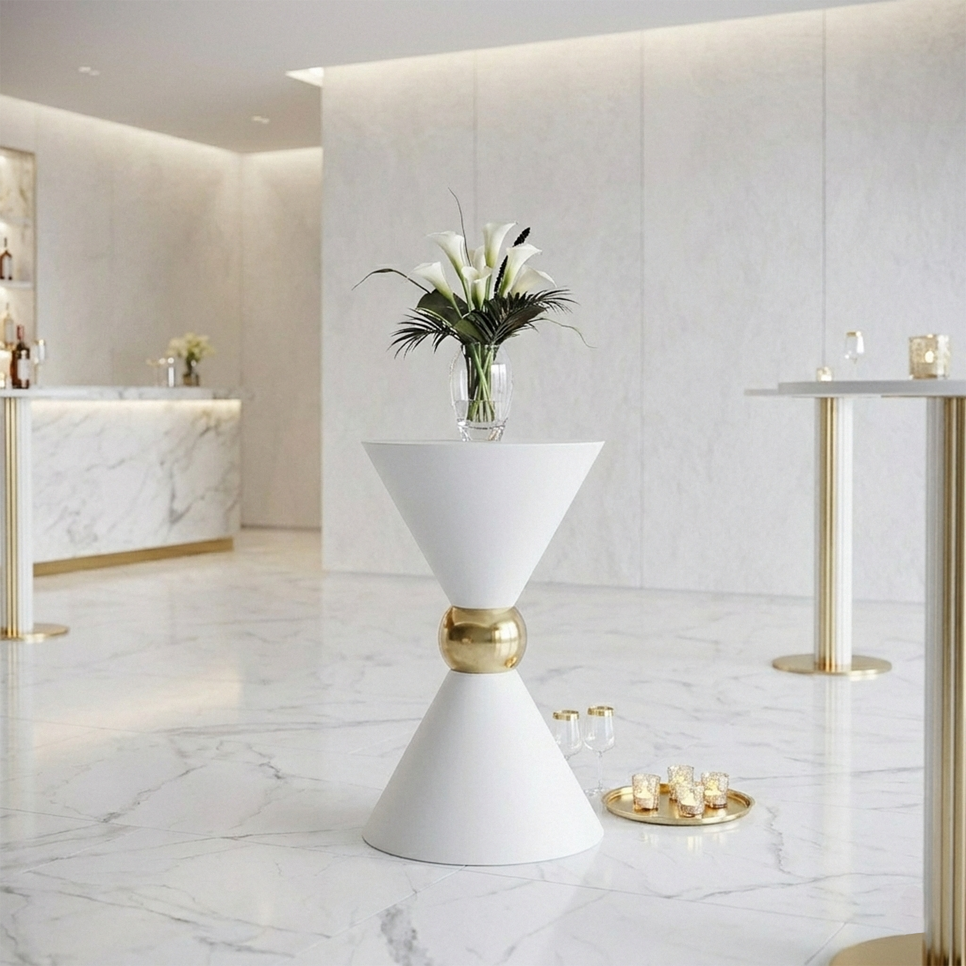 35" Tall Hourglass Plinth Pedestal Stand White paired with a vase of mini white calla liles