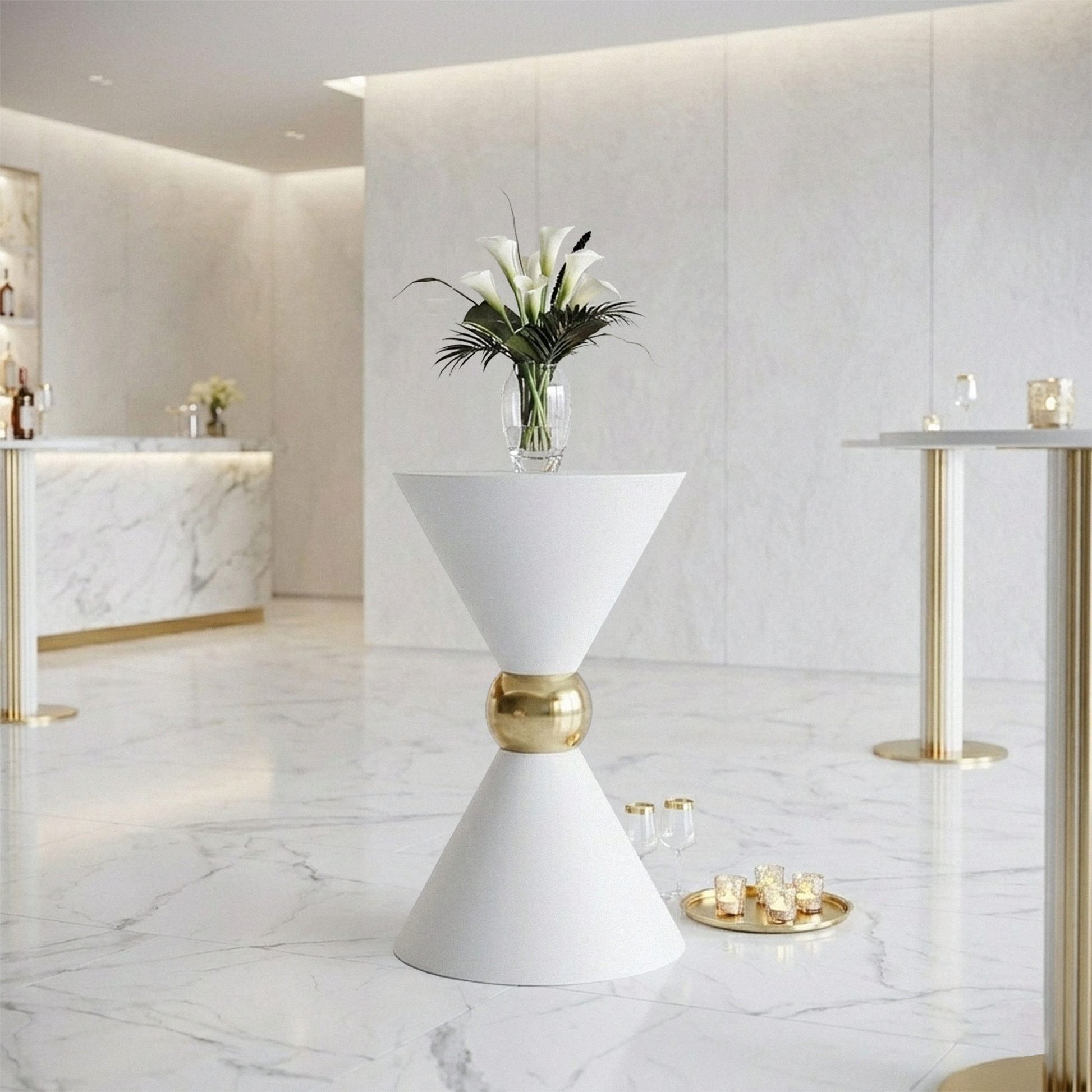 38" Tall Hourglass Plinth Pedestal Stand White paired with a vase of mini white calla liles