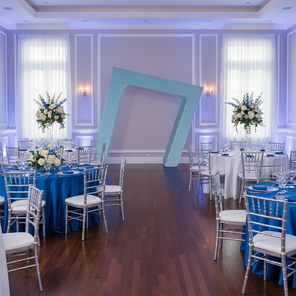 3D 6.5ft Tilted Rectangular Backdrop Stand with baby blue spandex cover for baby shower reception 