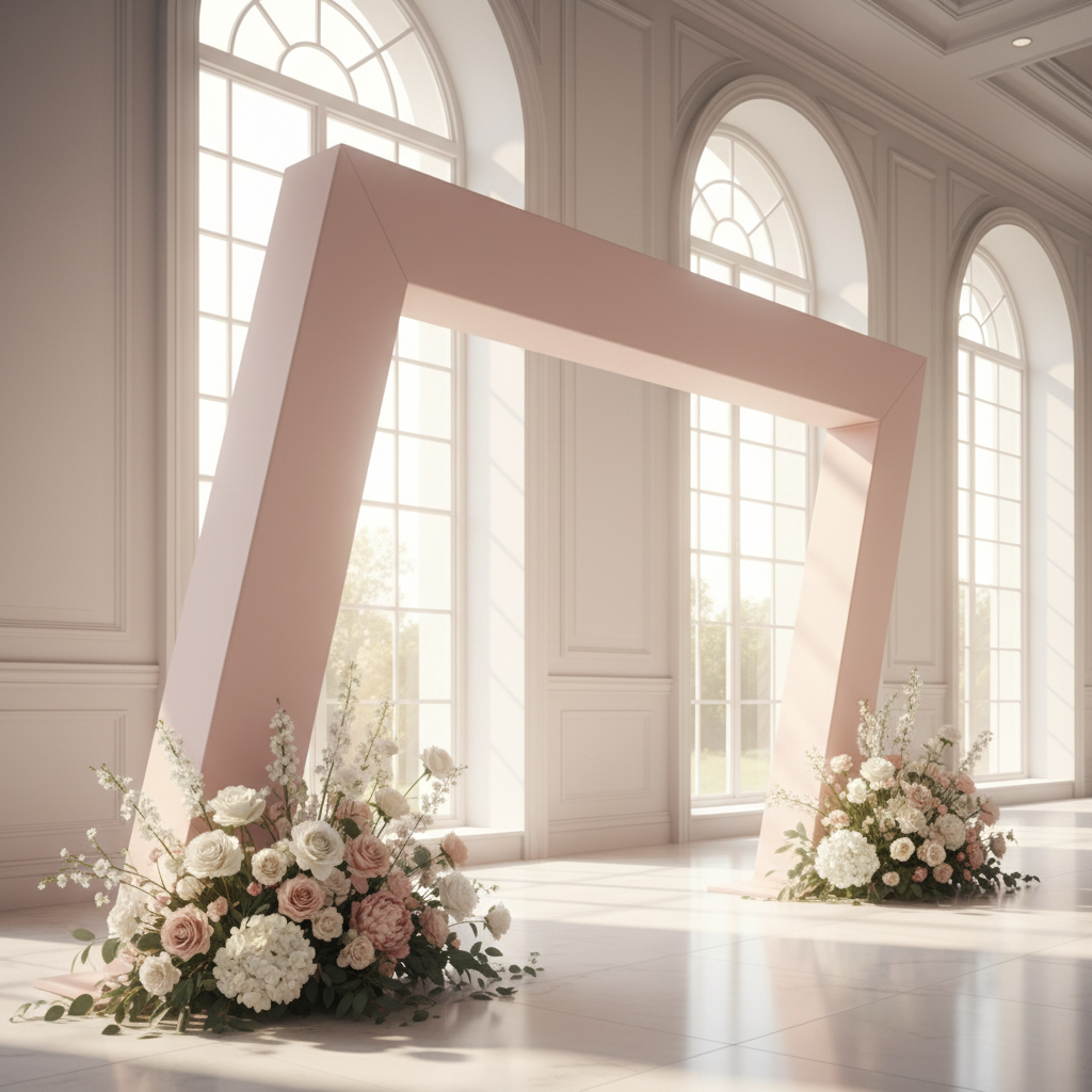 3D 6.5ft Tilted Rectangular Backdrop Stand with blush cover for wedding reception