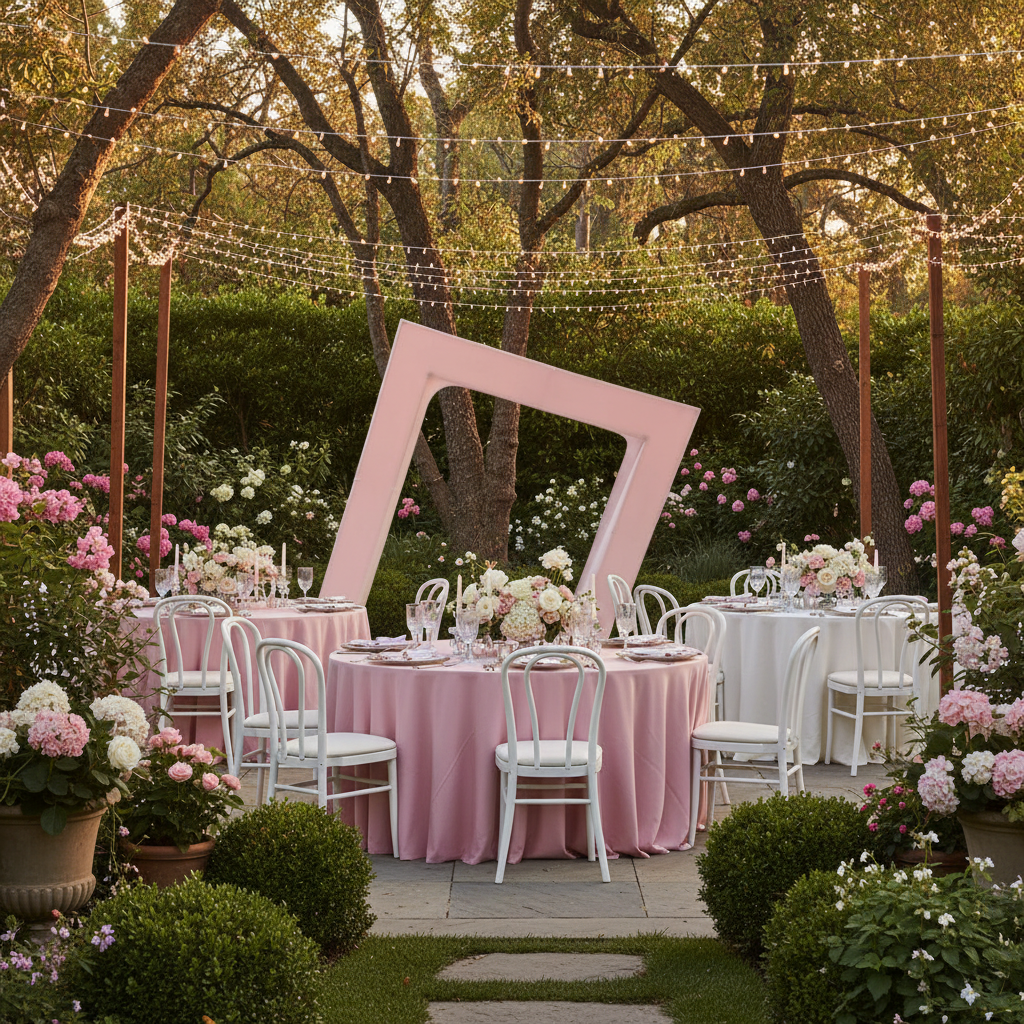 3D 6.5ft Tilted Rectangular Backdrop Stand with pink cover for garden party