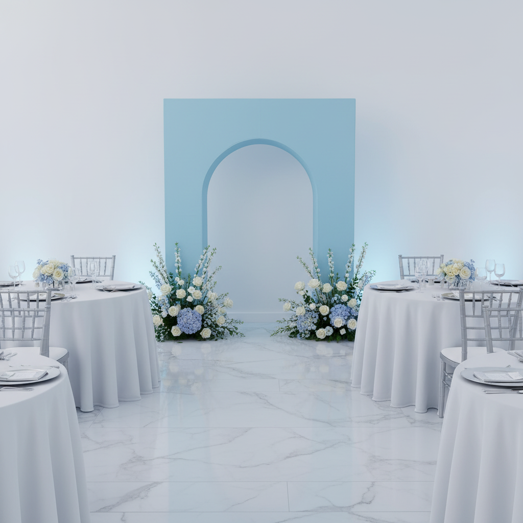 3D Arch Door Frame Backdrop with baby blue spandex cover for baby shower mockup