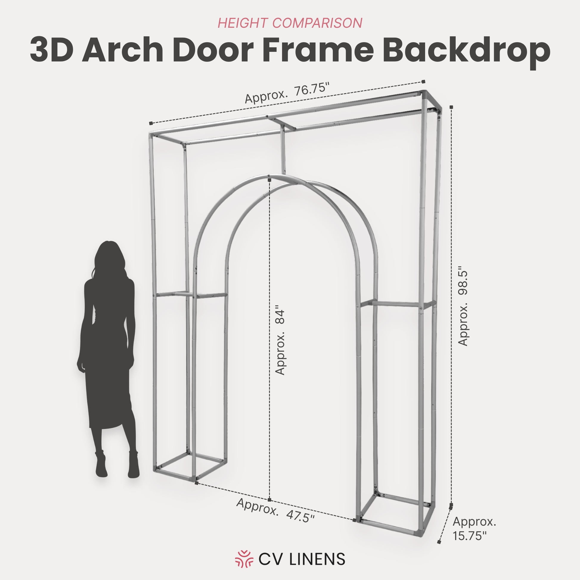 3D Arch Door Frame Backdrop infographic showing dimensions and height comparison