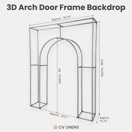 3D Arch Door Frame Backdrop infographic showing overall dimensions  and the inner dimensions of the arch
