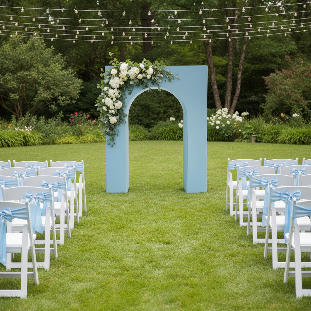 3D Arch Door Frame Backdrop with baby blue spandex cover for garden wedding reception
