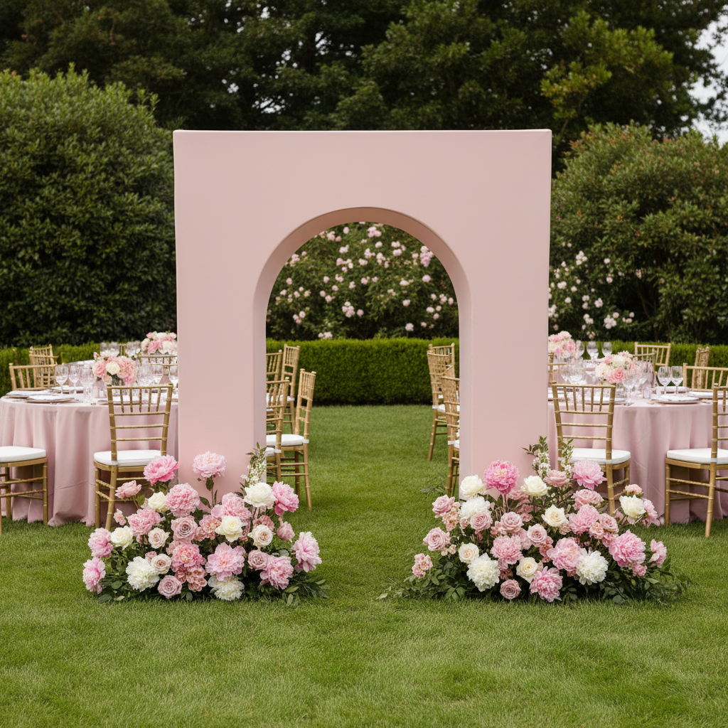 3D Arch Door Frame Backdrop with pink spandex cover for garden wedding reception