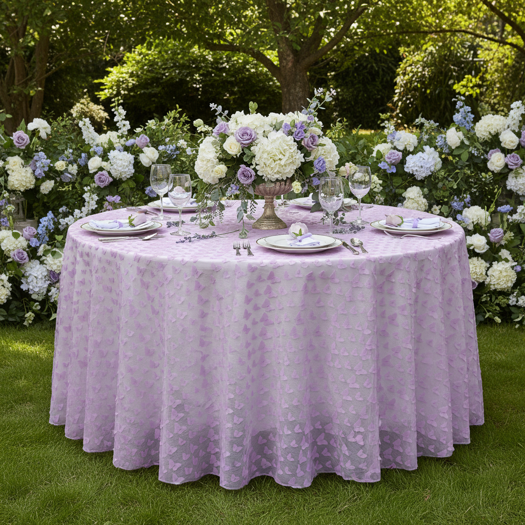 3D Butterfly Sheer Tablecloth 120" Round - Lavender