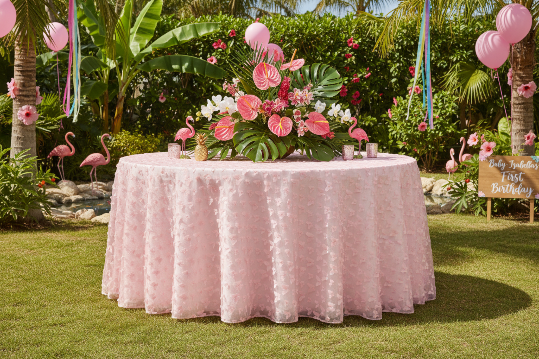 garden birthday setup with 3D Butterfly Sheer Tablecloth 120" Round - Pink
