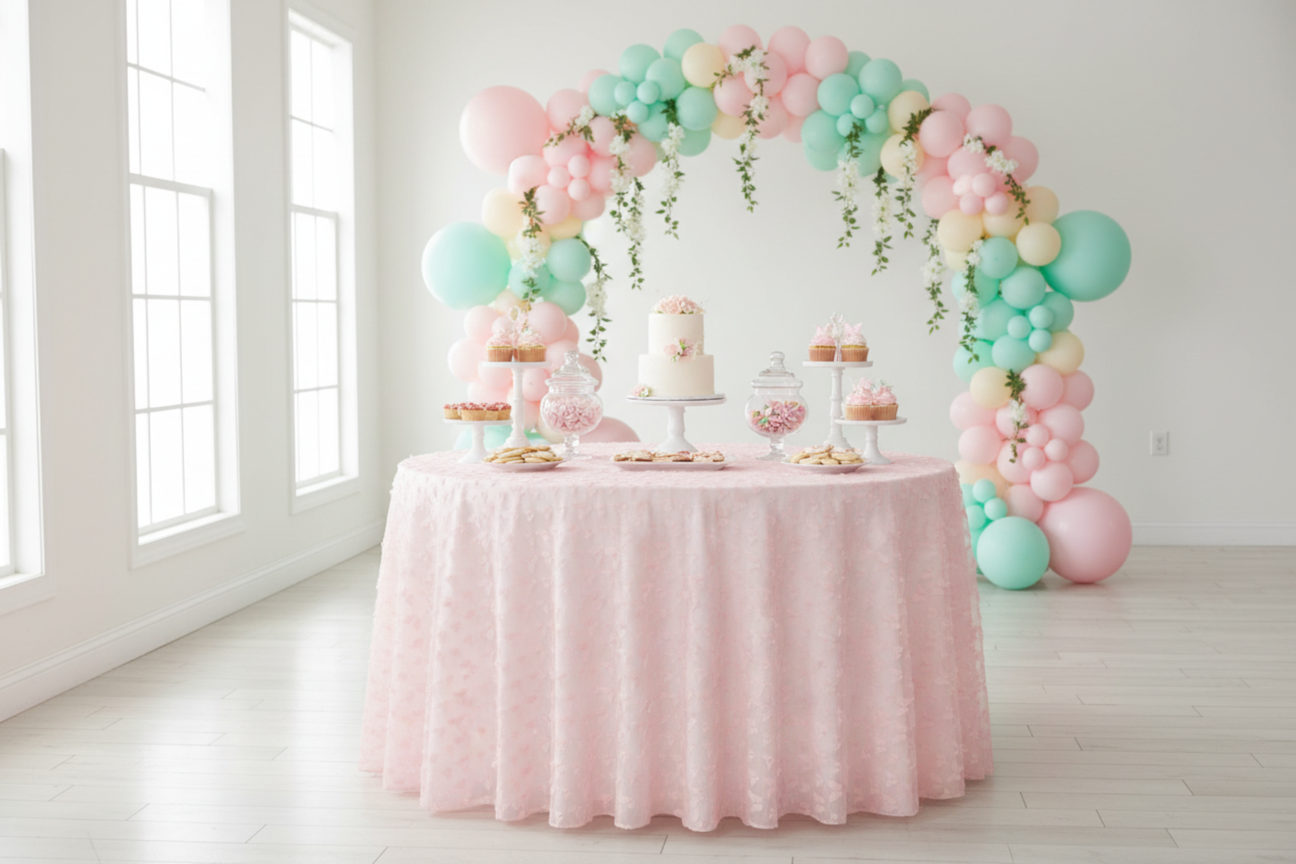 indoor birthday cake stand with 3D Butterfly Sheer Tablecloth  120" Round - Pink