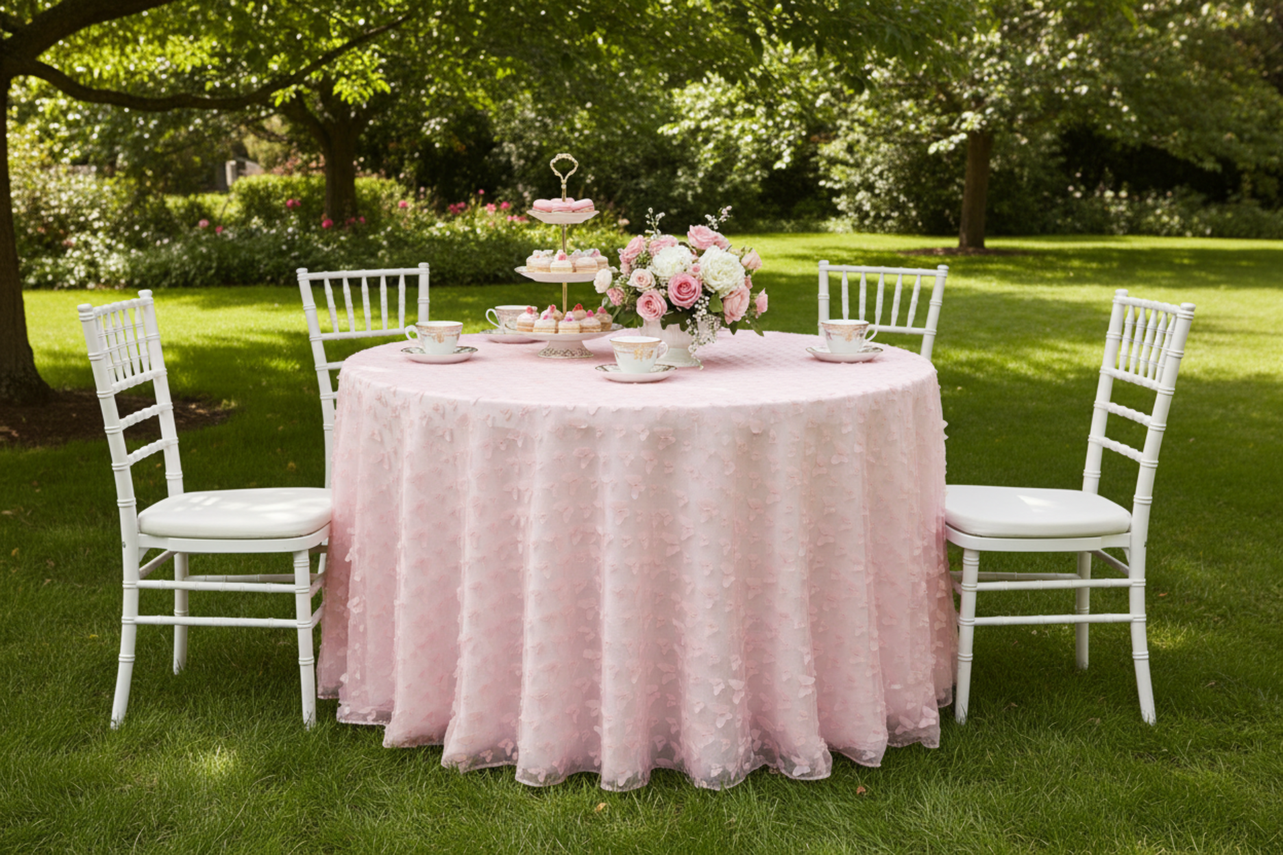 garden tea party with 3D Butterfly Sheer Tablecloth 120" Round - Pink