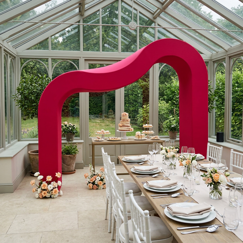 Fuchsia curvy wave arch birthday dinner