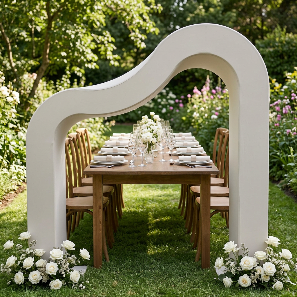 Ivory wave arch color-reference garden wedding