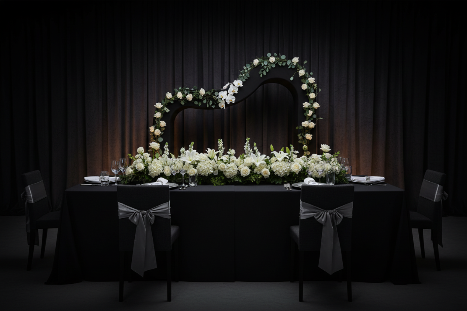 elegant dinner with 3D Curvy Wave Arch Backdrop Stand 8.2ft H x 11.50ft W