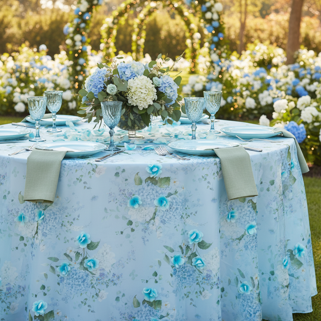 3D Floral Snow Organza Tablecloth/Overlay 120" Round - Angled shot