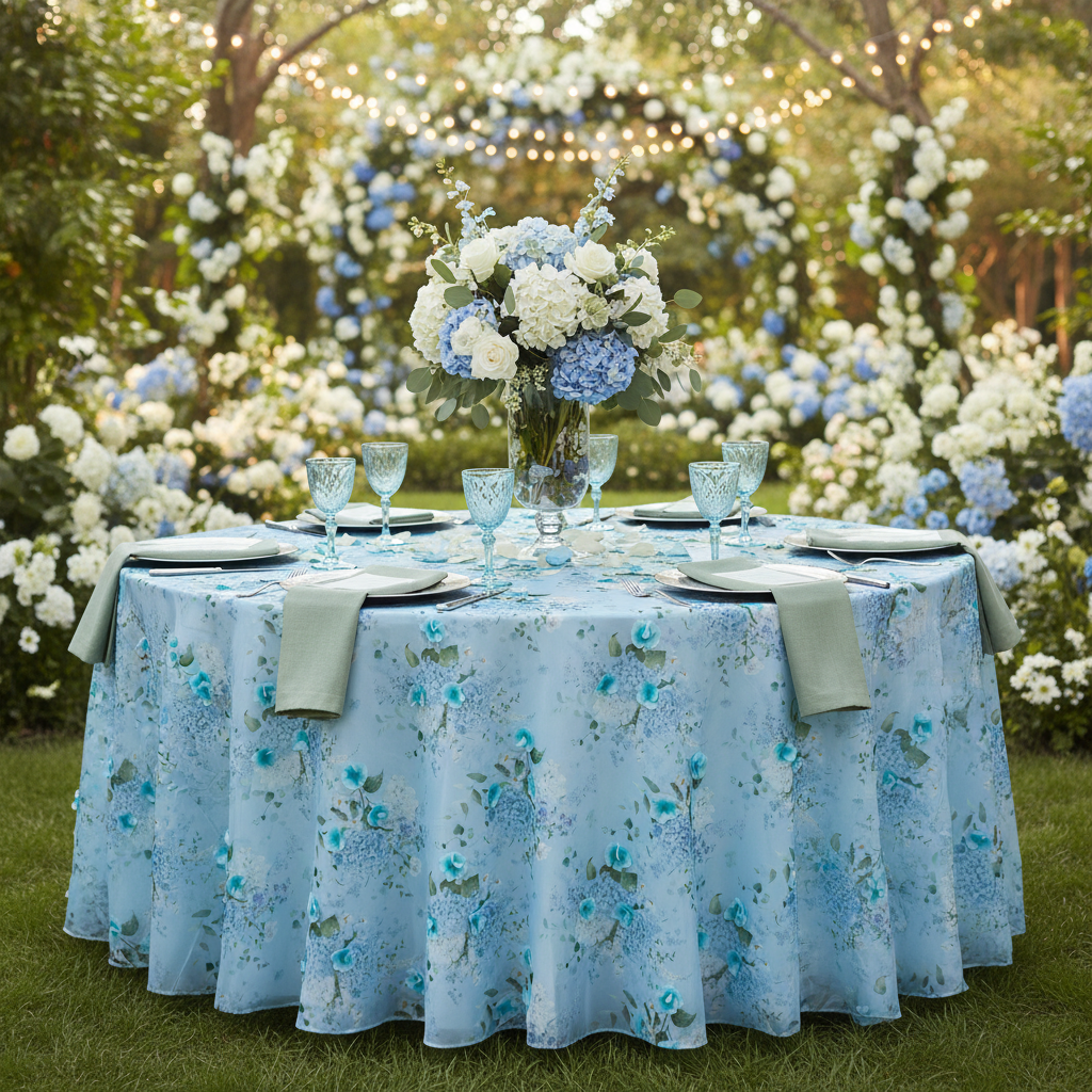 3D Floral Snow Organza Tablecloth/Overlay 120" Round - Blue Garden Wedding