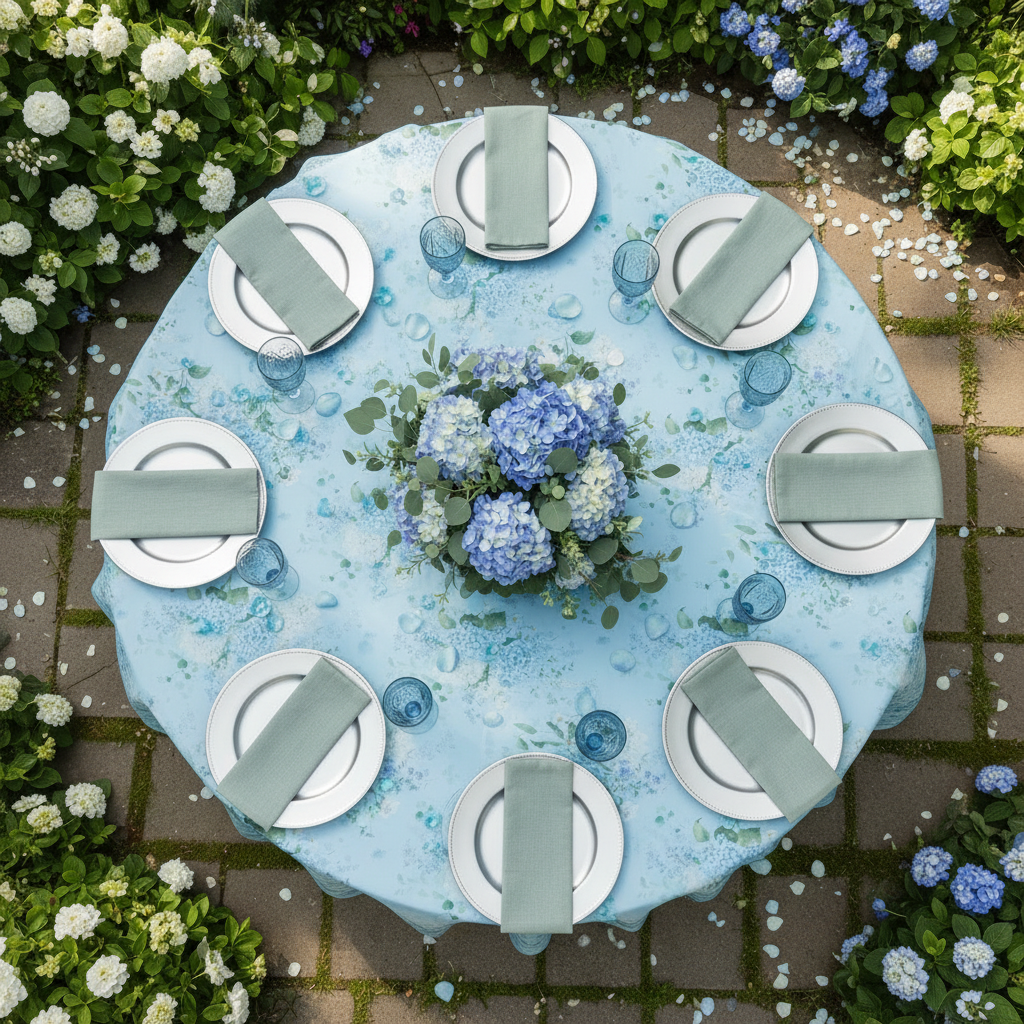 3D Floral Snow Organza Tablecloth/Overlay 120" Round - Blue Bird's eyeview