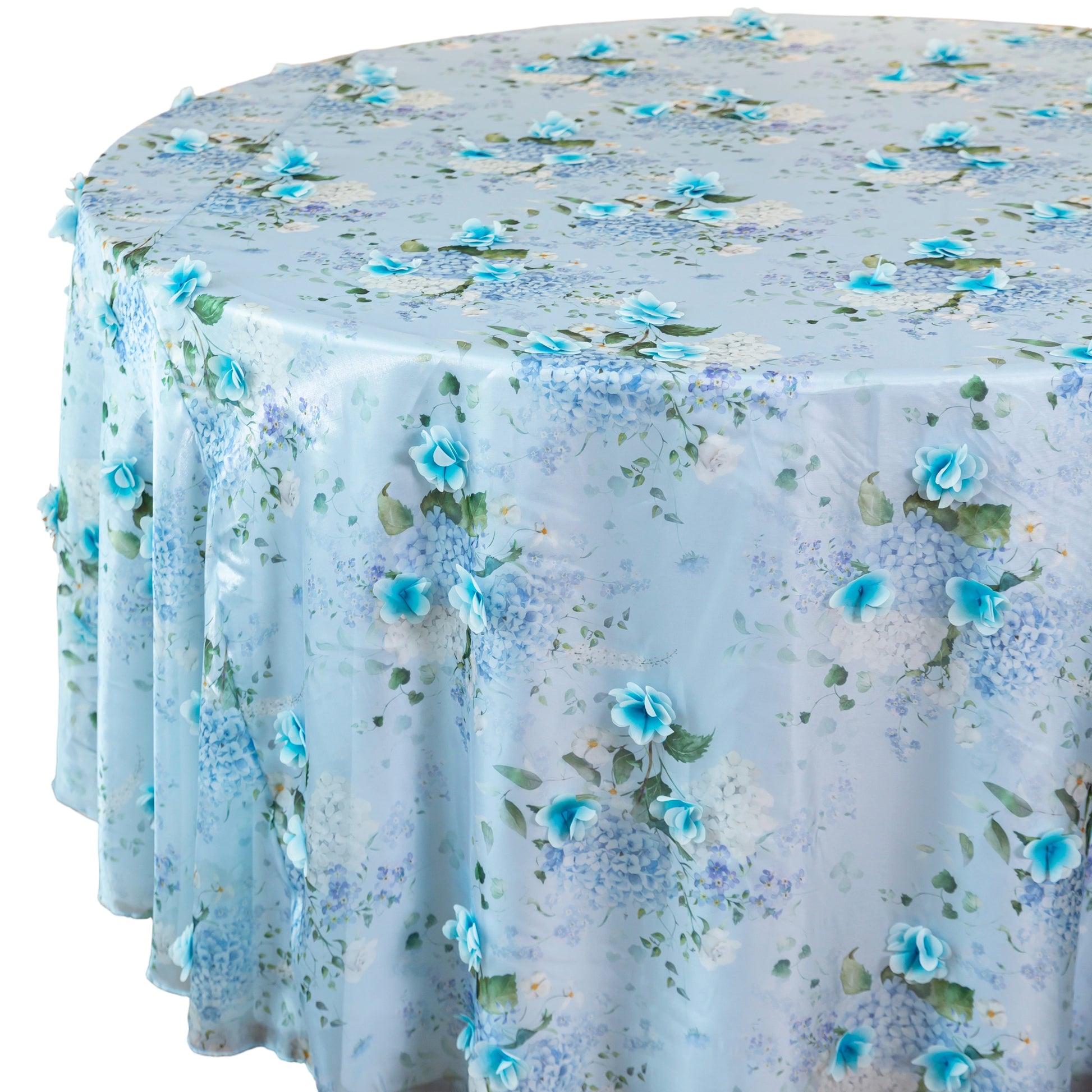 3D Floral Snow Organza Tablecloth/Overlay 132" Round - Blue Close Up