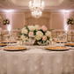 indoor elegant wedding setup with 3D Gardenia Embroidery Sheer 120" Round Tablecloth - White