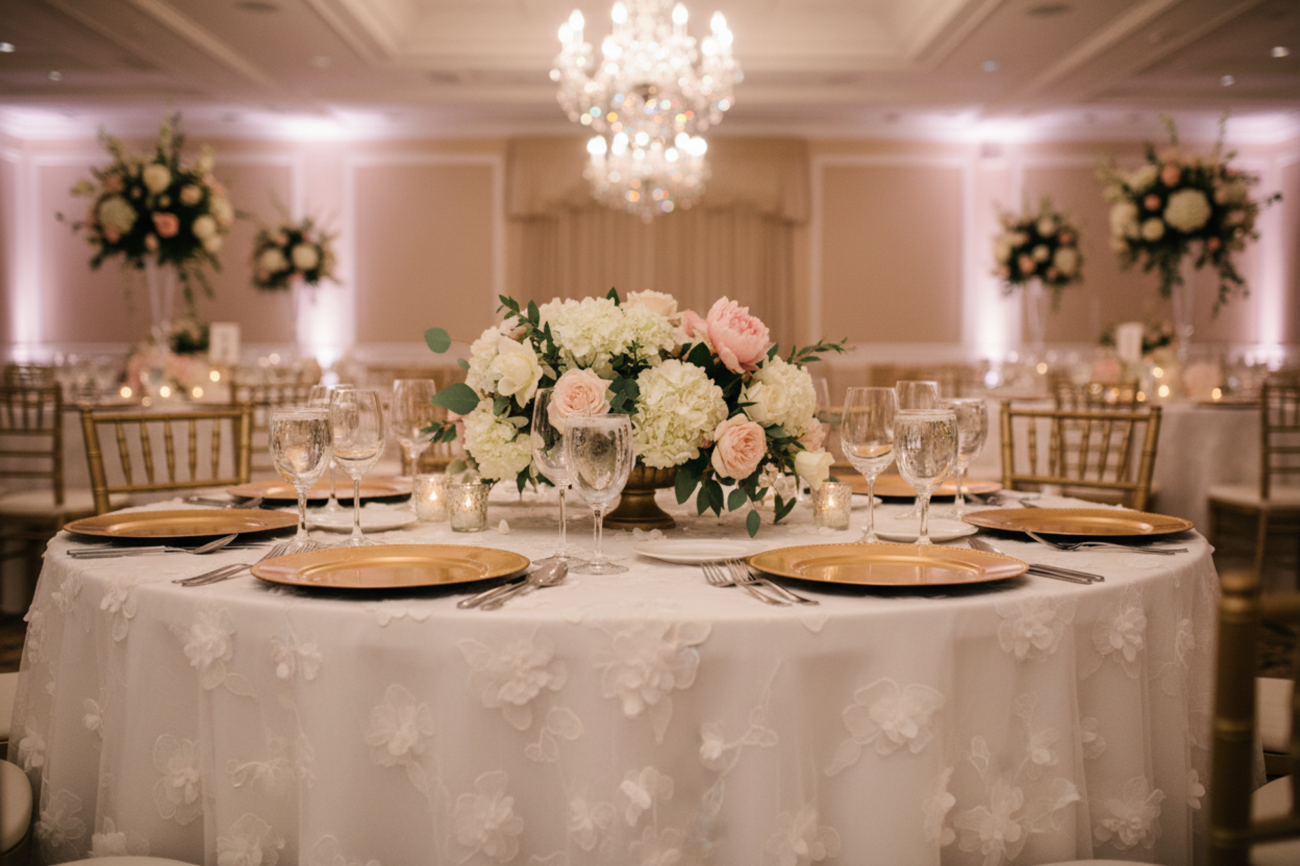 indoor elegant wedding setup with 3D Gardenia Embroidery Sheer 120" Round Tablecloth - White