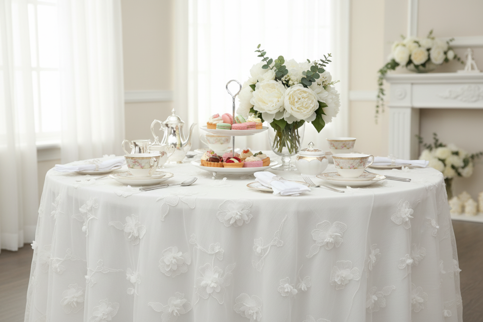 indoor bridal side table with 3D Gardenia Embroidery Sheer 120" Round Tablecloth - White