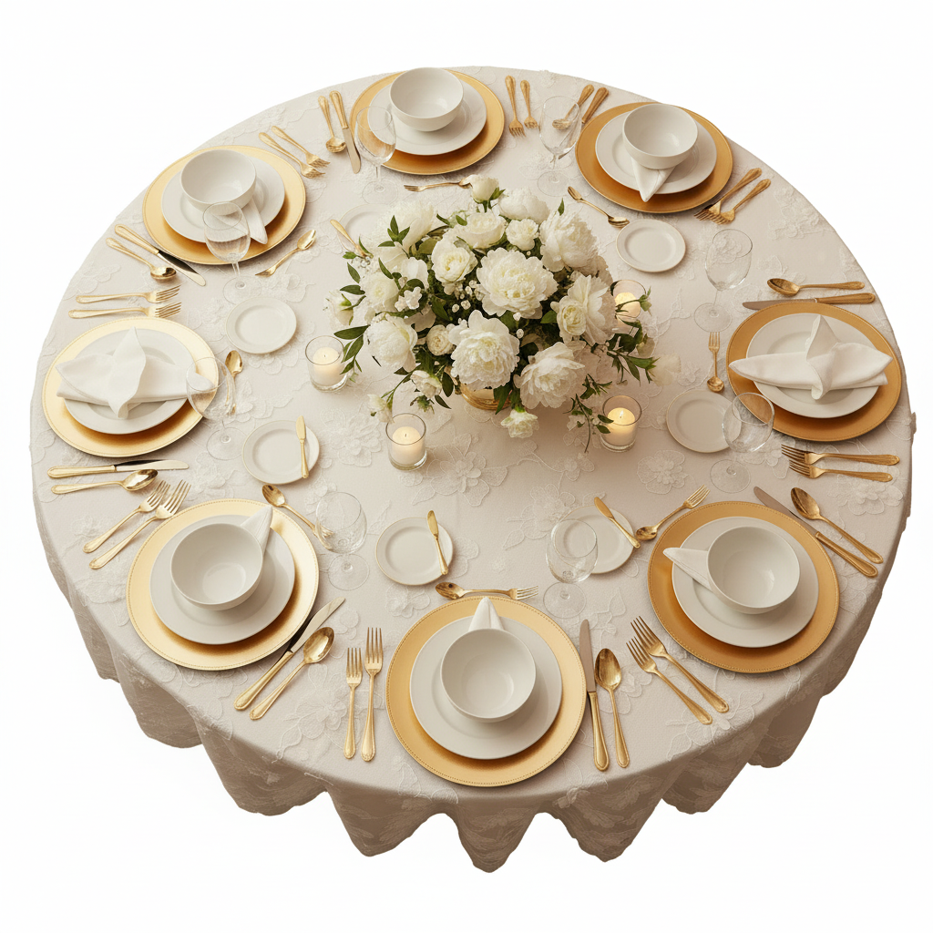top view of 3D-Gardenia-Embroidery-Sheer-120-Round-Tablecloth-White-lifestyle