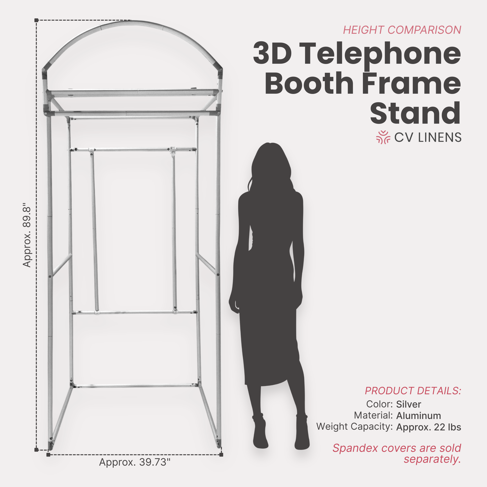 3D Telephone Booth Aluminum Frame Stand infographic showing height comparison