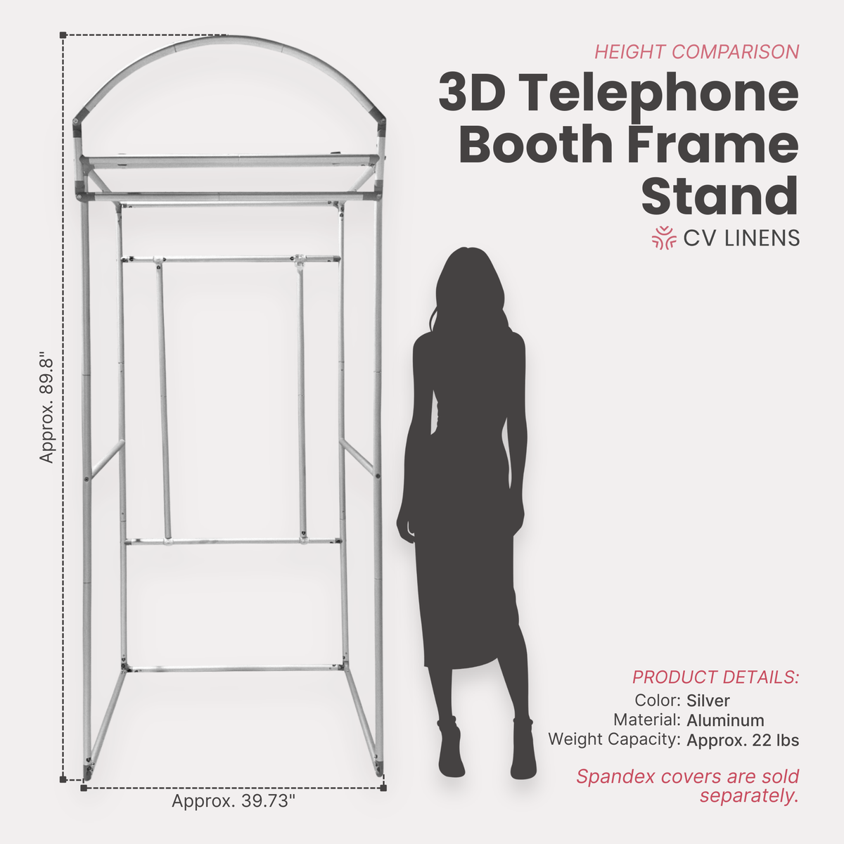 3D Telephone Booth Aluminum Frame Stand infographic showing height comparison