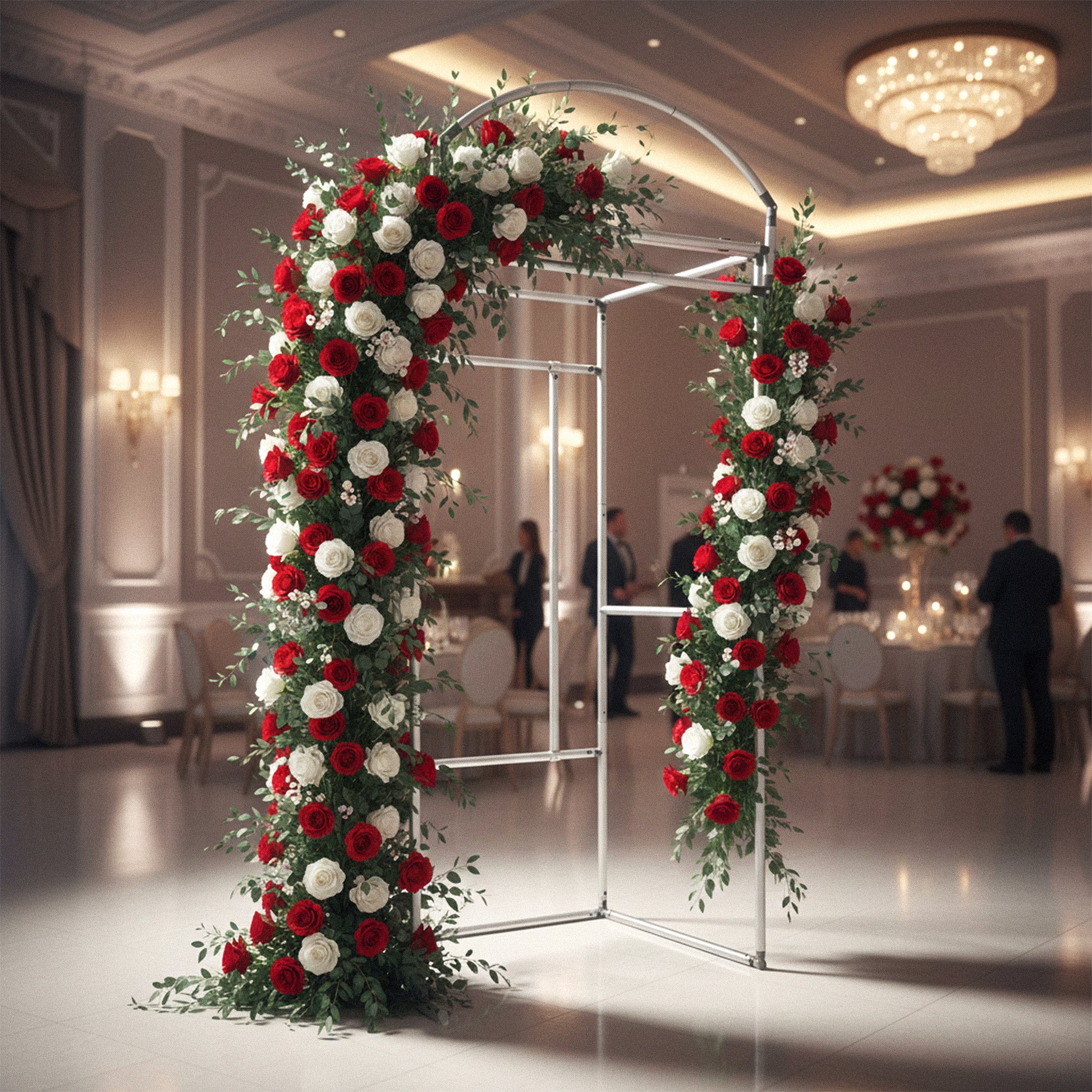 3D Telephone Booth Aluminum Frame Stand with red and white florals and greenery
